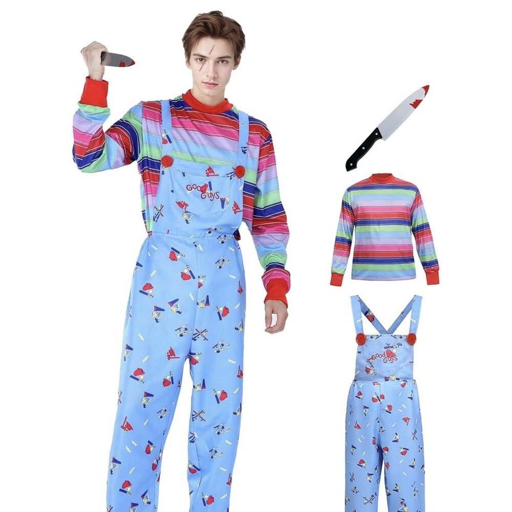 Adult Child's Play Chucky Costume Jumpsuit Sz XL W/knife Scar Tattoos Good Guy